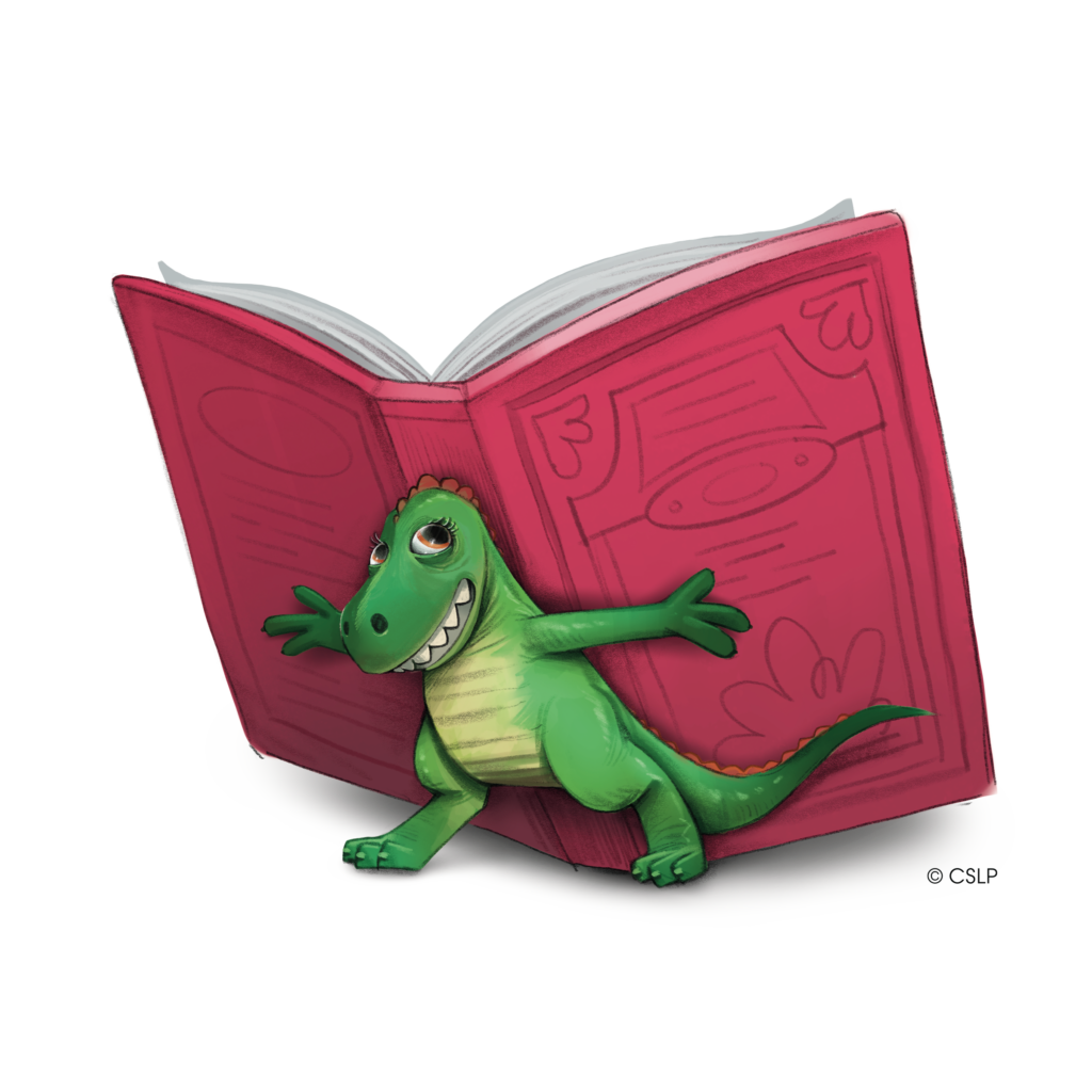dinosaur holding a book