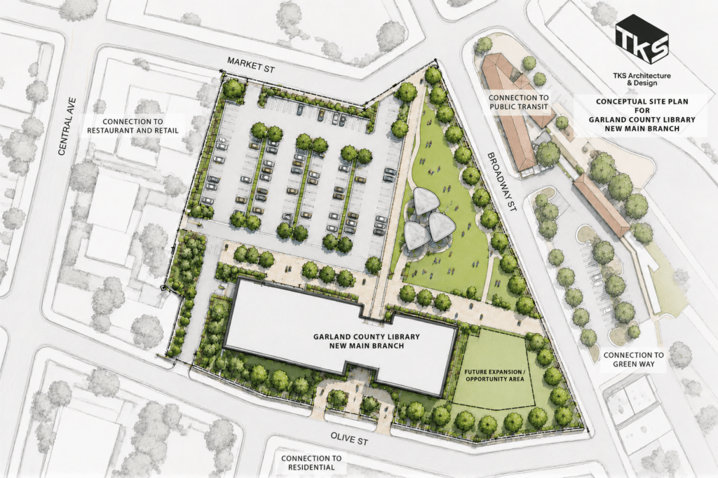 Concept site plan for the building on Broadway and Olive St.