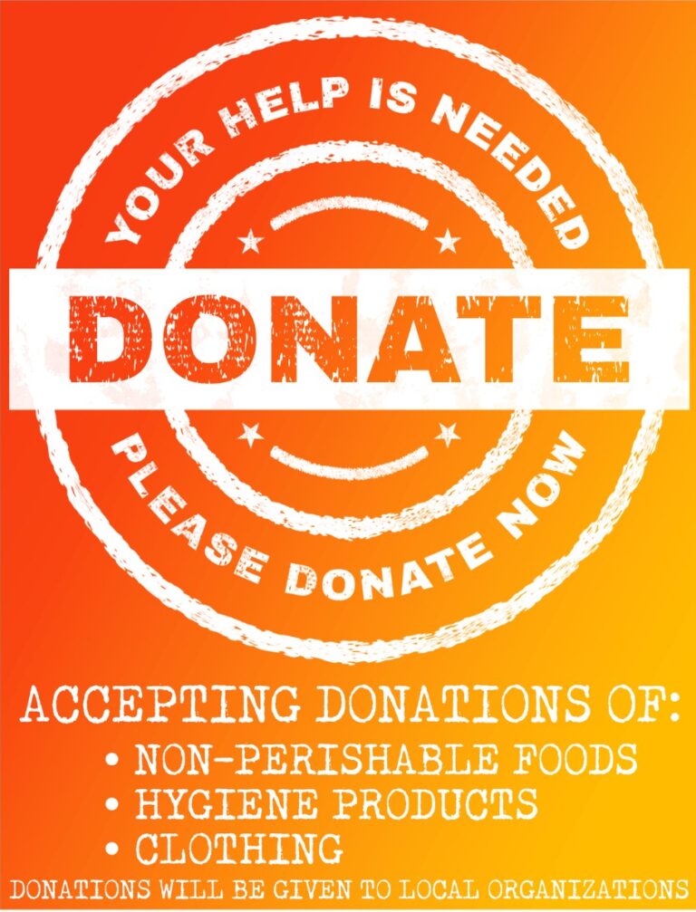 a banner of orange and yellow asking for donation of items
